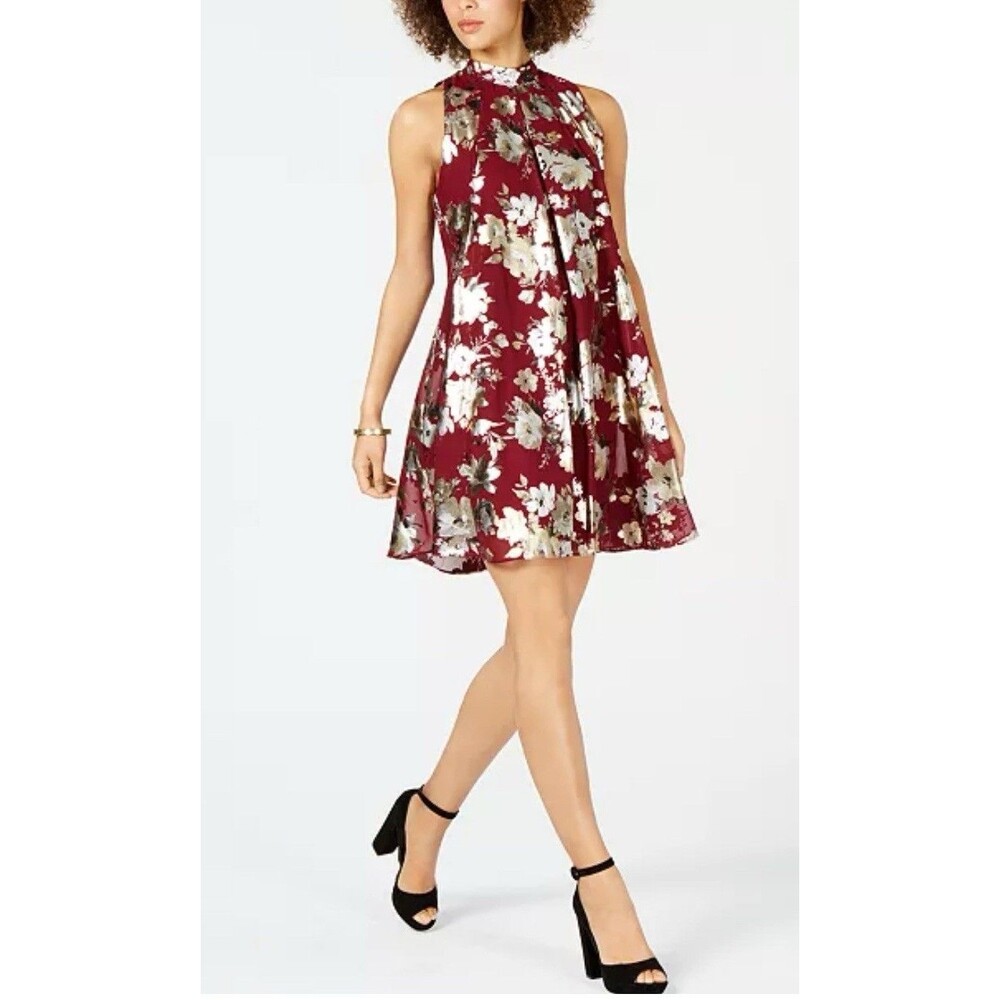 Women's  Robbie Bee Petite Floral Metallic Mock-Neck A-Line Dress Size 14